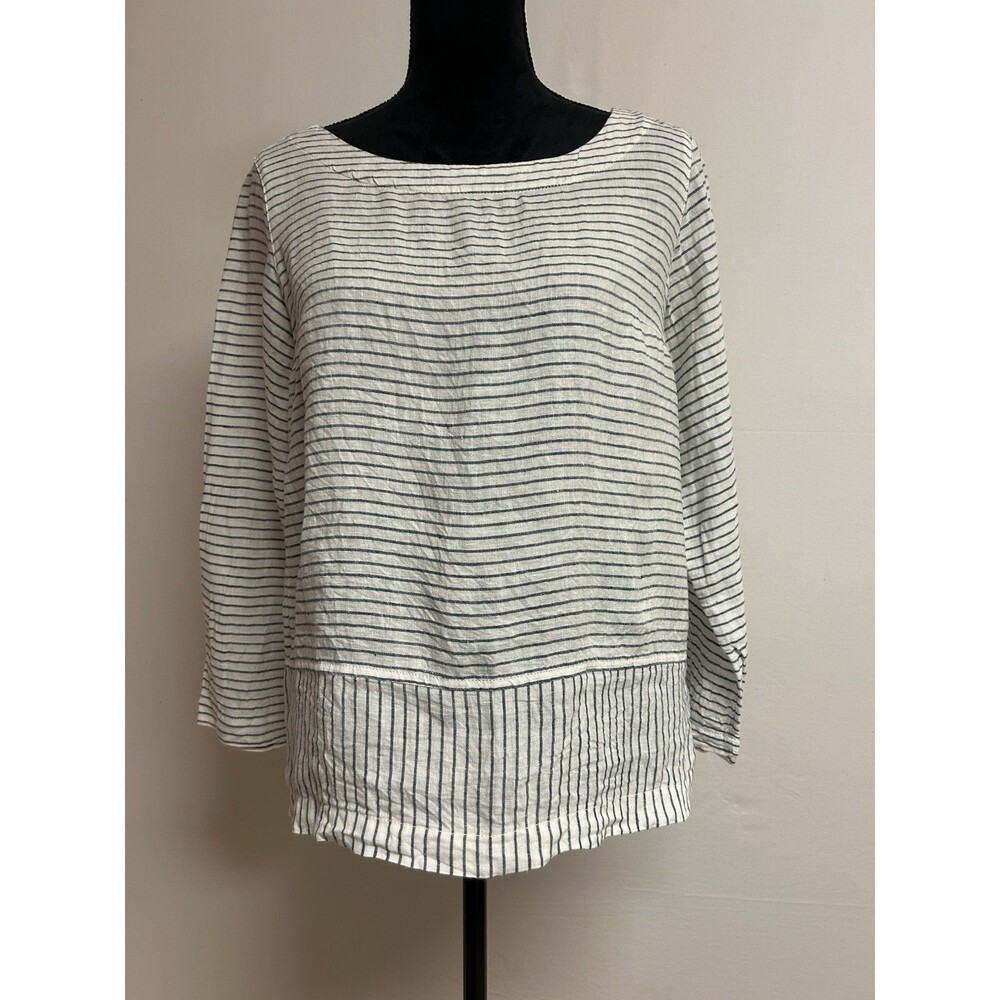 Tahari Womens Sz S Top White With Blue Stripes 100% Linen Boat Neck Long Sleeve
